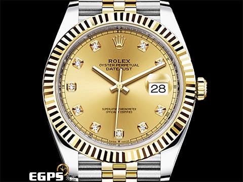 ROLEX 勞力士 DateJust 41 蠔式日誌型 126333 原廠鑽石時標 皇帝金面盤 18K黃金 半金款 DJ41 經典三角坑紋錶圈 2021年新式保單 紀念型（Jubilee）五銖錶帶 自動上鍊 41mm