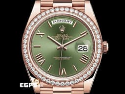 ROLEX  勞力士  DayDate 40 蠔式 星期日曆型 228345RBR <font color="#779b59">原廠鑽石外圈 DD60周年紀念款 橄欖綠色面盤</font>&nbsp;DD40 永恆玫瑰金&nbsp;<font color="#FF0000">2018年保單 元首型（President）錶帶 總統帶</font>&nbsp;228345 RBR 自動上鏈&nbsp;40mm