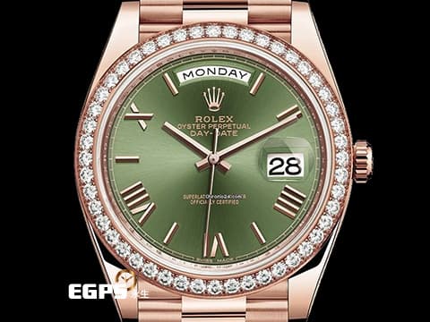 ROLEX  勞力士  DayDate 40 蠔式 星期日曆型 228345RBR 原廠鑽石外圈 DD60周年紀念款 橄欖綠色面盤&nbsp;DD40 永恆玫瑰金&nbsp;2018年保單 元首型（President）錶帶 總統帶&nbsp;228345 RBR 自動上鏈&nbsp;40mm