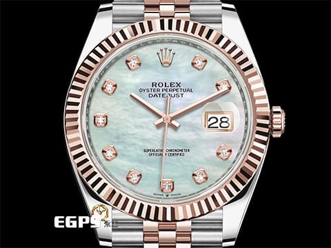 ROLEX 勞力士 Datejust 41 蠔式日誌型 126331 NG 原廠鑽石時標
珍珠貝母面盤 126331NG 半金款 永恆玫瑰金 DJ41 經典三角坑紋錶框 2021年新式綠卡 紀念型（Jubilee）五銖錶帶 自動上鍊 41mm