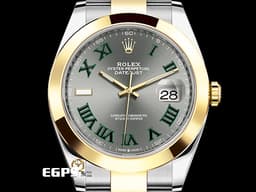 ROLEX 勞力士 Datejust 41 蠔式日誌型 126303 <font color=#ADADAD>石板灰色面盤</font>搭配<font color=#228B22>綠色羅馬數字時標 溫布頓</font> DJ41 半金款 18K黃金 <font color=#FF0000>2024年保單 蠔式（Oyster）三節板帶</font> 自動上鍊 41mm