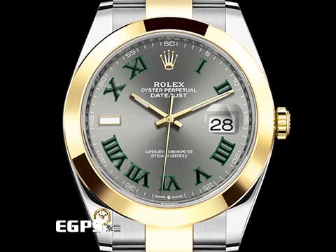 ROLEX 勞力士 Datejust 41 蠔式日誌型 126303 石板灰色面盤搭配綠色羅馬數字時標 溫布頓 DJ41 半金款 18K黃金 2024年保單 蠔式（Oyster）三節板帶 自動上鍊 41mm