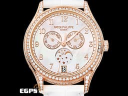 Patek philippe 百達翡麗 PP錶 4948 18K玫瑰金材質  4948R-001 <font color=#fdd6d5>珍珠貝母面盤 原廠鑲鑽 年曆錶 月相盈虧</font> <font color=#FF0000>PP印記</font> 自動上鍊 38mm