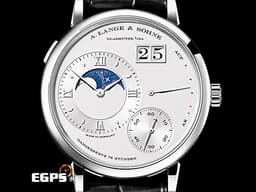 A.LANGE & SOHNE 朗格 Grand  Lange 1 Moon Phase 大型月相腕錶 <font color=#cad6ef>PT950 鉑金材質</font> 139.025 <font color=#FF0000>德國腕錶極致工藝、3/4夾板、手工雕刻鵝頸、德國銀夾板 </font> 大日期窗 月相盈虧 動能顯示 <font color=#FFFF33>歡迎各錶友以 PP、AP、勞力士 來店交換，本店將以最高價評估～</font> 手上鍊 41mm