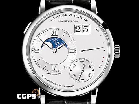 A.LANGE &amp; SOHNE 朗格 Grand Lange 1 Moon Phase 大型月相腕錶 PT950 鉑金材質 139.025 德國腕錶極致工藝、3/4夾板、手工雕刻鵝頸、德國銀夾板 大日期窗 月相盈虧 動能顯示 歡迎各錶友以 PP、AP、勞力士 來店交換，本店將以最高價評估～ 手上鍊 41mm