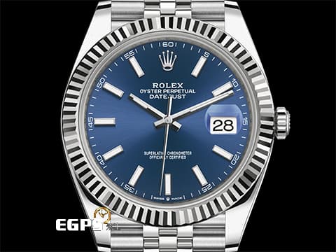 ROLEX 勞力士 Datejust 126334 蠔式日誌型 藍色放射紋面盤、柱狀夜光時標 18K白金三角坑紋錶圈 2024保單 紀念型（Jubilee）五銖錶帶 自動上鍊 41mm