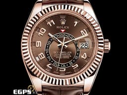 ROLEX 勞力士 Sky-Dweller 蠔式 天行者 326135 <font color="#D2691E">經典絕版巧克力色面盤搭配數字時標</font> 年曆錶 沙羅系統 兩地時間 <font color="#f3baa1">永恆玫瑰金</font> 經典三角坑紋錶圈 <font color="#FF0000">初代天行者稀有專屬綠盒</font> 自動上鍊 42mm
