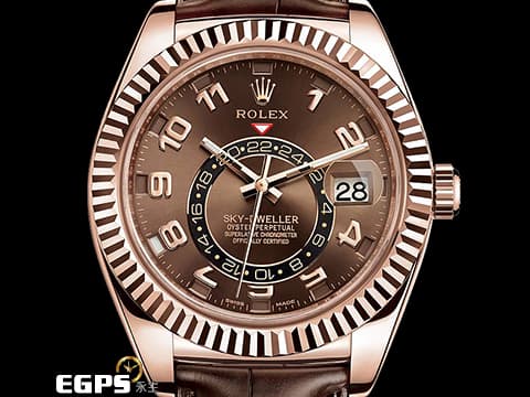 ROLEX 勞力士 Sky-Dweller 蠔式 天行者 326135 經典絕版巧克力色面盤搭配數字時標 年曆錶 沙羅系統 兩地時間 永恆玫瑰金 經典三角坑紋錶圈 初代天行者稀有專屬綠盒 自動上鍊 42mm