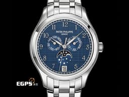 Patek philippe 百達翡麗 PP COMPLICATIONS 4947/1A 複雜功能時計 4947 不鏽鋼材質 鏈帶款 <font color="#05f0f0">藍色絲綢紋理面盤</font> <font color="#ff0000">2025年保單 新錶參考訂價：1,698,000元 保有部分原廠膠膜</font> 自動上鏈 38mm