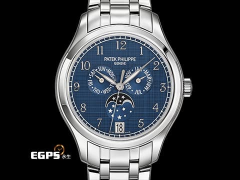 Patek philippe 百達翡麗 PP COMPLICATIONS 4947/1A 複雜功能時計 4947 不鏽鋼材質 鏈帶款 藍色絲綢紋理面盤 2025年保單 新錶參考訂價：1,698,000元 保有部分原廠膠膜 自動上鏈 38mm