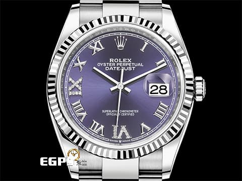 ROLEX 勞力士 Datejust 41 蠔式日誌型 126234 原廠VI、IX鑲鑽 茄紫色面盤 DJ36 經典三角坑紋錶圈 2024年新式綠卡 蠔式（Oyster）三節錶帶 自動上鍊 36mm