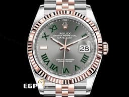 ROLEX 勞力士 Datejust 36 蠔式日誌型 126231 玫瑰金 半金款&nbsp;<font color="#009100">綠羅馬時標面盤</font> DJ36 經典三角坑紋錶圈 <font color="#FF0000">2023年保單 紀念型（Jubilee）五銖錶帶</font> 自動上鍊 36mm