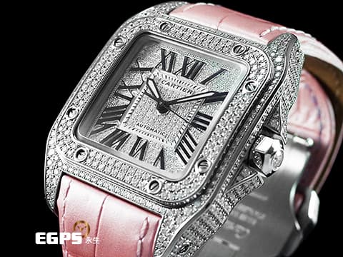 CARTIER 卡地亞 Santos 100 山度士 中型款 精鑲鑽石 錶殼、錶腹、錶冠，精鑲嵌滿滿高等級天然美鑽 、滿天星鑽石面盤  閃到一個不要不要的 自動上鍊 36mm