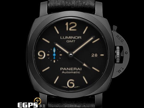 PANERAI 沛納海 Lumnior GMT PAM01441 黑陶瓷 兩地時區 三日鍊 小秒針 經典三明治面盤 菸草色夜光時標 PAM1441 2024年保單 自動上鍊 44mm