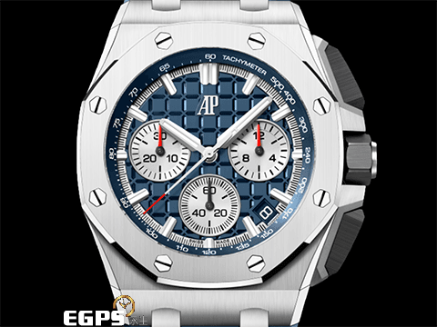 Audemars Piguet 愛彼 AP錶 Royal Oak Offshore 皇家橡樹 離岸型 26420TI.OO.A027CA.01「Méga Tapisserie」超大型格紋藍色面盤&nbsp;26420 TI 飛返 計時碼錶  鈦金屬&nbsp;2021年保單 新式快拆錶帶 搭載全新4401機芯 自動上鏈 43mm