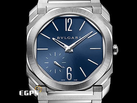 BVLGARI 寶格麗 Bulgari Octo Finissimo系列 103431 藍色太陽紋面盤 八角形多稜角設計錶框 小秒針 PT950 鉑金微型自動盤 超薄 不鏽鋼 2025年保單 自動上鍊 40mm