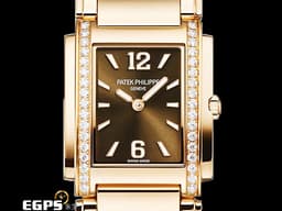 PATEK PHILIPPE 百達翡麗 PP錶 Twenty-4系列 4910/1201R-001 <font color=#D2691E>巧克力棕色日輝紋面盤</font> 玫瑰金材質 <font color=#FF0000>原廠鑲鑽 2023年台灣公司貨</font> 4910 石英女錶 25x30 mm