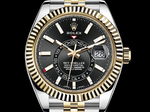 ROLEX 勞力士 Sky-Dweller 326933 蠔式 天行者 黑色面盤 沙羅系統 年曆錶 兩地時區&nbsp;18K黃金 半金款&nbsp;經典三角坑紋外圈&nbsp;2021年保單 紀念型（Jubilee）五銖錶帶&nbsp;自動上鍊 42mm