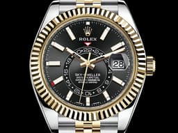 ROLEX 勞力士 Sky-Dweller 326933 蠔式 天行者 <font color="#6e6e6e">黑色面盤</font> 沙羅系統 年曆錶 兩地時區&nbsp;<font color="#f9df80">18K黃金 半金款</font>&nbsp;經典三角坑紋外圈&nbsp;<font color="#FF0000">2021年保單 紀念型（Jubilee）五銖錶帶&nbsp;</font>自動上鍊 42mm