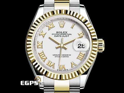 ROLEX 勞力士 Lady-Datejust 28 蠔式日誌型 279173 白色面盤搭配金色羅馬數字時標 18K黃金 半金款 DJ28 經典三角坑紋錶圈 2021年保單 蠔式（Oyster）三節板帶 自動上鍊 28mm