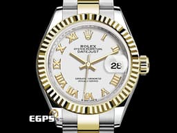 ROLEX 勞力士 Lady-Datejust 28 蠔式日誌型 279173 <font color=#F0F0F0>白色面盤</font>搭配<font color=#f1e1b5>金色羅馬數字時標 18K黃金 半金款</font> DJ28 經典三角坑紋錶圈 <font color=#FF0000>2021年保單 蠔式（Oyster）三節板帶</font> 自動上鍊 28mm