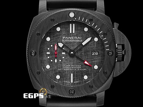 PANERAI 沛納海 Submersible Luna Rossa GMT PAM01039 兩地時間 美洲杯帆船賽 特別款 2022年保單 PAM1039 碳纖維複合物材質、高科技碳纖維船帆織紋面盤 潛水腕 自動上鍊 47mm