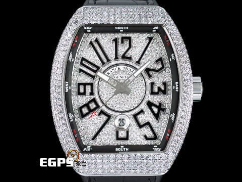 Franck Muller 法蘭穆勒 FM Vanguard V45 精鑲鑽錶 不鏽鋼材質 精鑲滿天星面盤  絢爛華麗的滿天星鑲鑽，黑色阿拉伯數字時標、內圈、錶帶 自動腕錶 44x54mm