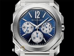 BVLGARI 寶格麗 Octo Finissimo Chronograph GMT 不鏽鋼 八角形 103467 GMT 兩地時間 計時碼錶 <font color="#0582f5">藍色太陽放射紋面盤</font> 超薄 <font color="#FF0000">鉑金環型自動盤 2026年保卡</font>&nbsp;自動上鍊 43mm