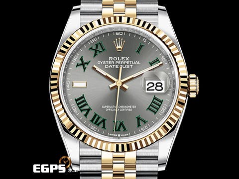 ROLEX 勞力士 Datejust 36 蠔式日誌型 126233 石板灰色面盤搭配綠羅馬時標 溫布頓 費德勒&nbsp;DJ36 半金款 18K黃金 經典三角坑紋外圈 2022年保單 紀念型（Jubilee）五銖錶帶 自動上鍊 36mm