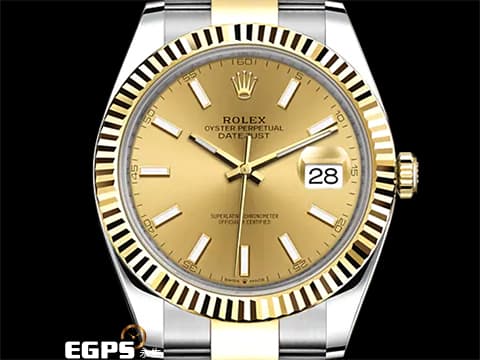 ROLEX 勞力士 DateJust 41 蠔式日誌型 126333 皇帝金面盤 18K黃金 半金款 DJ41 經典三角坑紋錶圈 2021年新式綠卡 蠔式（Oyster）三節錶帶 自動上鍊 41mm