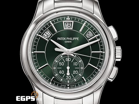 Patek Philippe 百達翡麗 PP錶 Complications 複雜功能時計 5905/1A-001 橄欖綠色日輝紋面盤 飛返計時 年曆錶 2025年保單 按動式摺疊扣 新錶訂價：2,103,000元&nbsp;自動上鍊 42mm