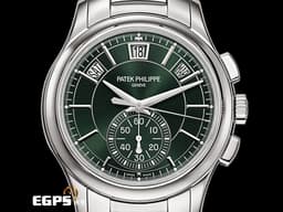 Patek Philippe 百達翡麗 PP錶 Complications 複雜功能時計 5905/1A-001 <font color=#6D8E23>橄欖綠色日輝紋面盤</font> 飛返 計時碼表 年曆錶 <font color=#FF0000>2024年保單 最新不鏽鋼款 按動式摺疊扣</font> 5905 <font color=#FFFF33> 此錶歡迎錶友以 PP、AP、勞力士 來店交換，本店將以最高價評估～</font> 自動上鍊 42mm