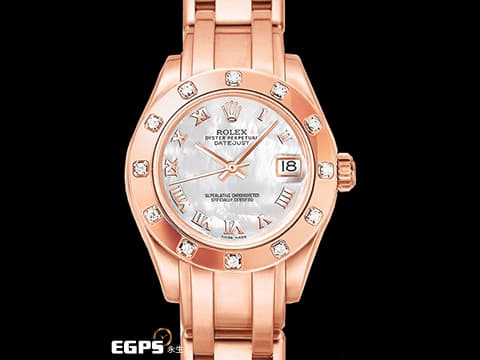 ROLEX 勞力士 Datejust Pearlmaster 80315-72945 18K玫瑰金材質&nbsp;銀色珍珠母貝面盤&nbsp;原廠鑲嵌鑽石錶圈&nbsp;新錶參考訂價：1,080,000元 防偽內圈 自動上鍊 29mm
