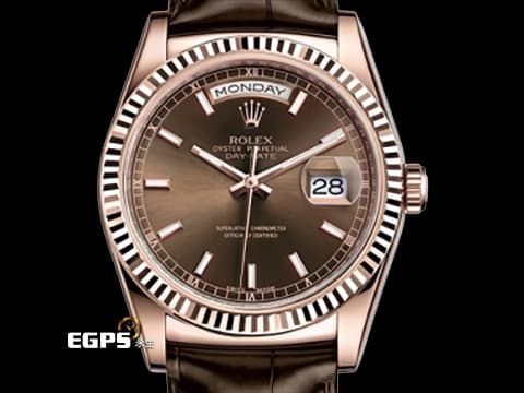 ROLEX 勞力士 Day-Date DD36 星期日曆型 皮帶款 118135 18K玫瑰金材質 保有部分原廠膠膜&nbsp;典雅 巧克力色面盤 自動上鍊 36mm