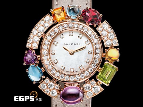 BVLGARI 寶格麗 Allegra系列 雞尾酒腕錶 彩寶 103493 玫瑰金 AEP36G 原廠繽紛寶石華麗美鑽 珍珠母貝面盤  2024年保單 新錶訂價：1,077,000元  石英機芯 36mm