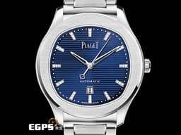PIAGET 伯爵 Polo Date系列 G0A46018 <font color="#2828FF">機刻雕花橫紋藍色面盤</font> 不鏽鋼材質&nbsp;<font color="#05f0f0">原鑲鑽石時標</font><font color="#FF0000"> 2022年台保卡</font>&nbsp;自動上鍊 36mm
