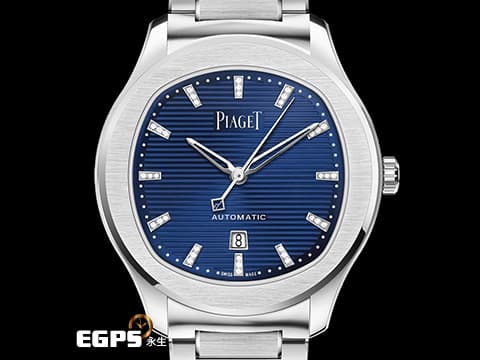 PIAGET 伯爵 Polo Date系列 G0A46018 機刻雕花橫紋藍色面盤 不鏽鋼材質&nbsp;原鑲鑽石時標 2022年台保卡&nbsp;自動上鍊 36mm