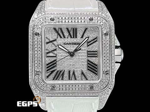 CARTIER 卡地亞 Santos 100 山度士 中型 精鑲滿天星鑽石面盤、鑲鑽錶圈 自動上鍊 36mm