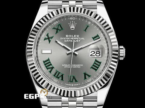 ROLEX 勞力士 DATEJUST 126334 蠔式日誌型 18K白金框 溫布頓 綠羅馬時標灰色面盤 2024年新式保卡 自動腕錶 41mm