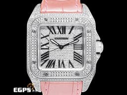 CARTIER 卡地亞 Santos 100 山度士 中型 <font color="#05f0f0">精鑲滿天星鑽石面盤、鑲鑽錶圈</font>&nbsp;<font color="#f2cee7">粉色客製化皮革錶帶</font> 自動上鍊 36mm