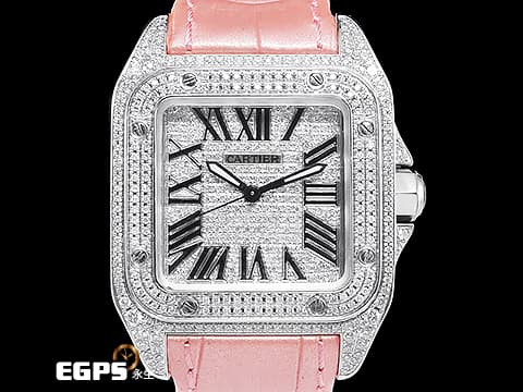 CARTIER 卡地亞 Santos 100 山度士 中型 精鑲滿天星鑽石面盤、鑲鑽錶圈&nbsp;粉色客製化皮革錶帶 自動上鍊 36mm