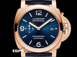 PANERAI 沛納海 Luminor Marina Goldtech Sole Blu PAM1112 <font color="#0f5dc2">藍色經典三明治面盤</font> Goldtech金材質 玫瑰金 PAM01112 三日鍊 小秒針&nbsp;<font color="#FF0000">2022年保單</font>&nbsp;自動上鍊 44mm