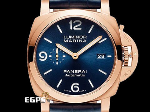 PANERAI 沛納海 Luminor Marina Goldtech Sole Blu PAM1112 藍色經典三明治面盤 Goldtech金材質 玫瑰金 PAM01112 三日鍊 小秒針&nbsp;2022年保單&nbsp;自動上鍊 44mm