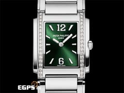 PATEK PHILIPPE 百達翡麗 PP錶 Twenty-4 4910/1200A-011 原鑲鑽錶 墨綠色輝紋面盤 <font color=#77FF00> 2024保單 </font> <font color=#FF0000>亮炫深遂綠 原廠鑽石外框</font> 石英女錶 25x30mm