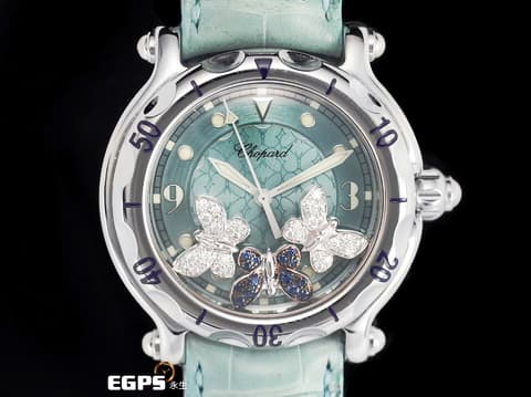 蕭邦錶 CHOPARD Happy Sport系列 HAPPY BUTTERFLY 快樂鑽 288452-3001 不鏽鋼材質&nbsp;原廠鑲嵌2隻共0.30ct鑽石蝴蝶 1隻 0.16ct藍寶石蝴蝶&nbsp;石英機芯 38.5 mm