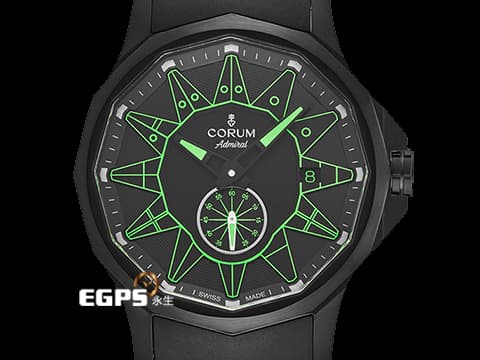 CORUM 崑崙 Admiral Legend 42 Full Black 海軍上將 綠色海事信號旗幟時標 395.111.98/F371/BV12 黑色PVD塗層不鏽鋼 小秒針 限量100只 2022年台灣公司貨 自動上鍊 42mm