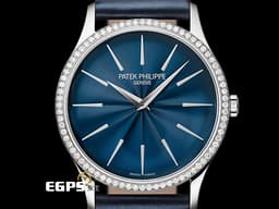 PATEK PHILIPPE 百達翡麗 PP錶 CALATRAVA 18K白金材質 4997/200G <font color="#0582f5">午夜藍漆面浮雕圖案面盤 原鑲鑽錶</font>&nbsp;<font color="#FF0000">2025年保單 </font>自動上鍊 PP印記 35mm