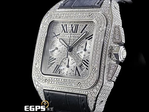CARTIER 卡地亞 Santos 100 山度士 大型計時款 精鑲鑽石 滿天星鑽石面盤，精鑲鑽石於錶圈、錶腳、計時按把、錶冠、錶扣 夜光黑鋼指針 不鏽鋼材質 自動上鍊 42mm