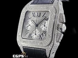 CARTIER 卡地亞 Santos 100 山度士 大型計時款 精鑲鑽石 <font color=#FF0000>滿天星鑽石面盤，精鑲鑽石於錶圈、錶腳、計時按把、錶冠、錶扣</font> 夜光黑鋼指針 不鏽鋼材質 自動上鍊 42mm
