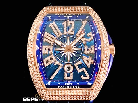 FRANCK MULLER 法蘭穆勒 FM Vanguard Yachting V45 SC 遊艇系列   玫瑰金材質 運動款 藍色面盤 精鑲美鑽耀眼奪目，與眾不同絕對是目光的焦點 ！！  自動上鍊 44x54mm